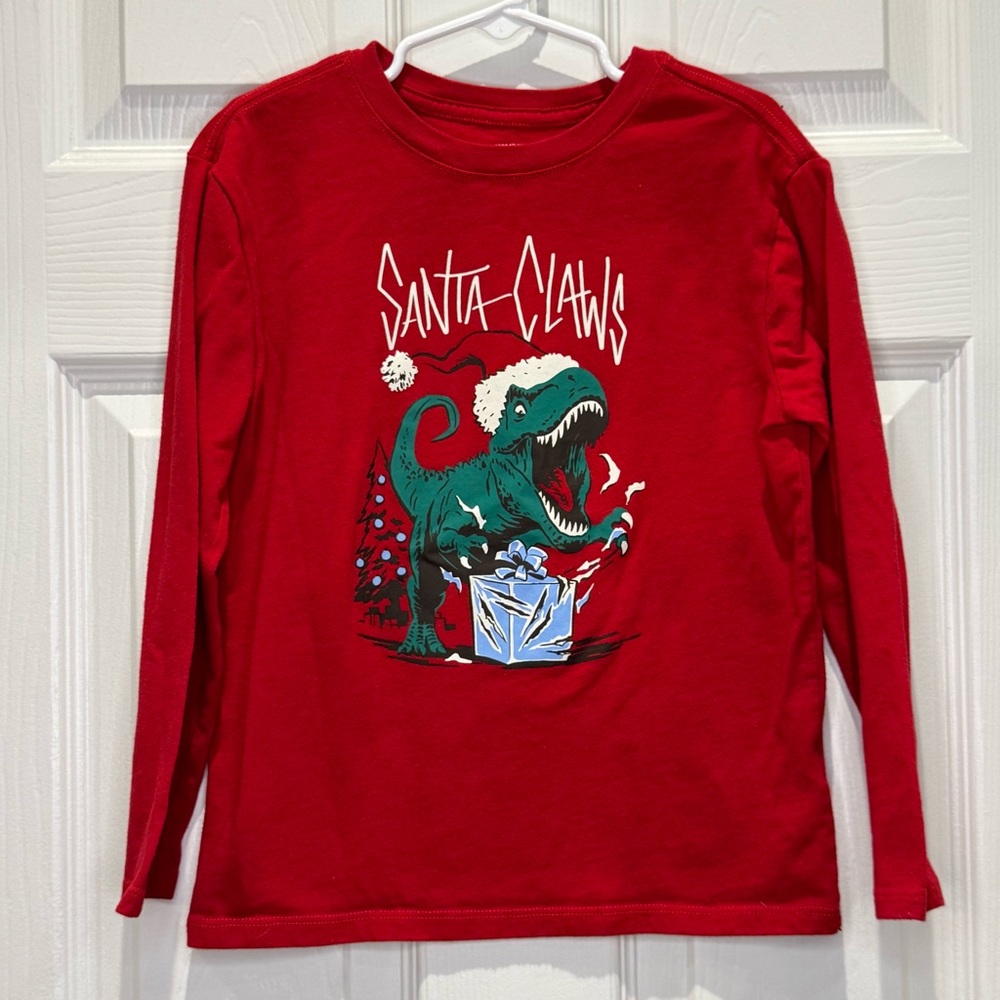 Holiday Time Boys 6/7 T-Rex Dinosaur Santa Claws Christmas Long Sleeve Tee Red